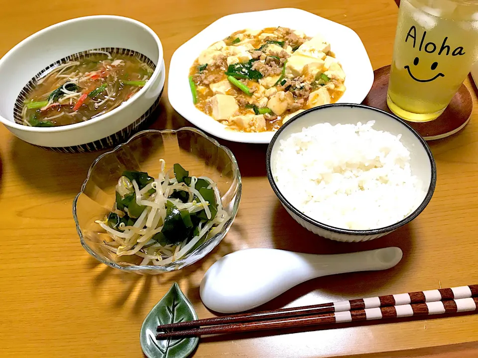 麻婆豆腐、春雨のかに風味スープ、中華風あえ|Emiko Kikuchiさん