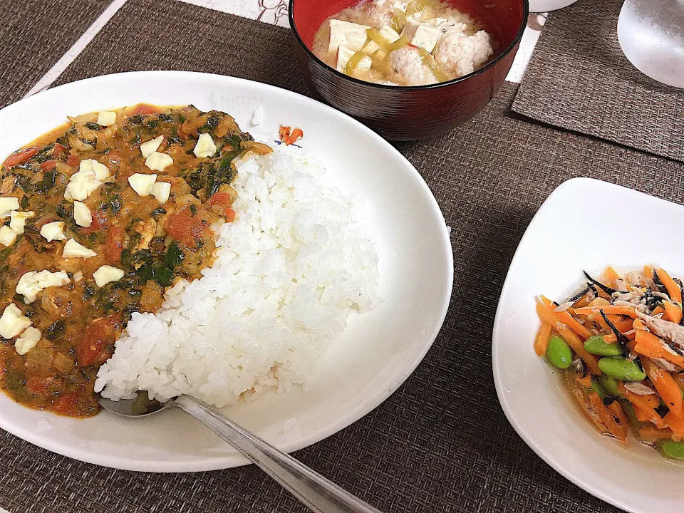 Snapdishの料理写真:鶏肉とほうれん草のトマトカレー＆ひじきとツナのサラダ＆つみれ汁|kanaさん