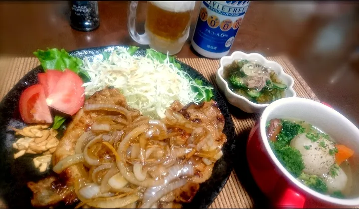 豚🐽しょうが焼き✨
 かぶのポトフ
 もずくときゅうり🥒
 
 アサヒオフ🍺でかんぱ～い|びせんさん