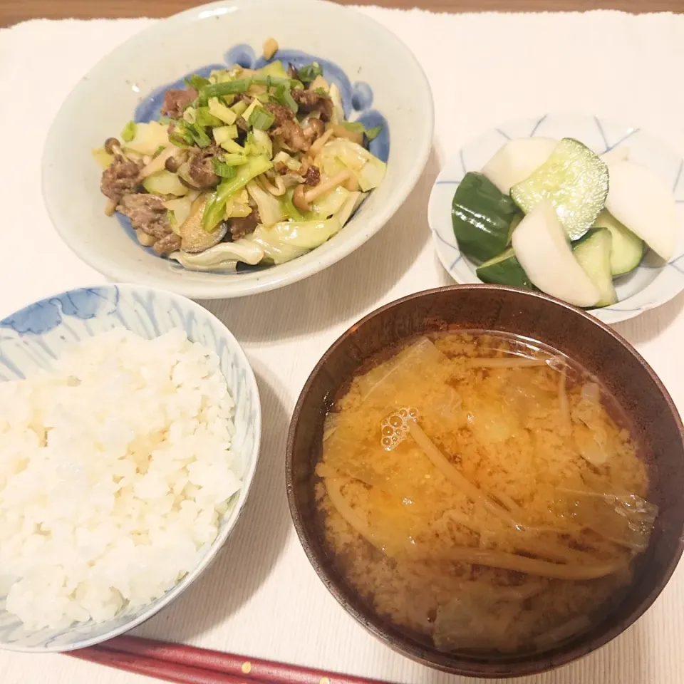 ごはん
キャベツともやしの味噌汁
キャベツときゅうりと茄子の牛肉炒め
きゅうりとかぶの浅漬|oneiさん