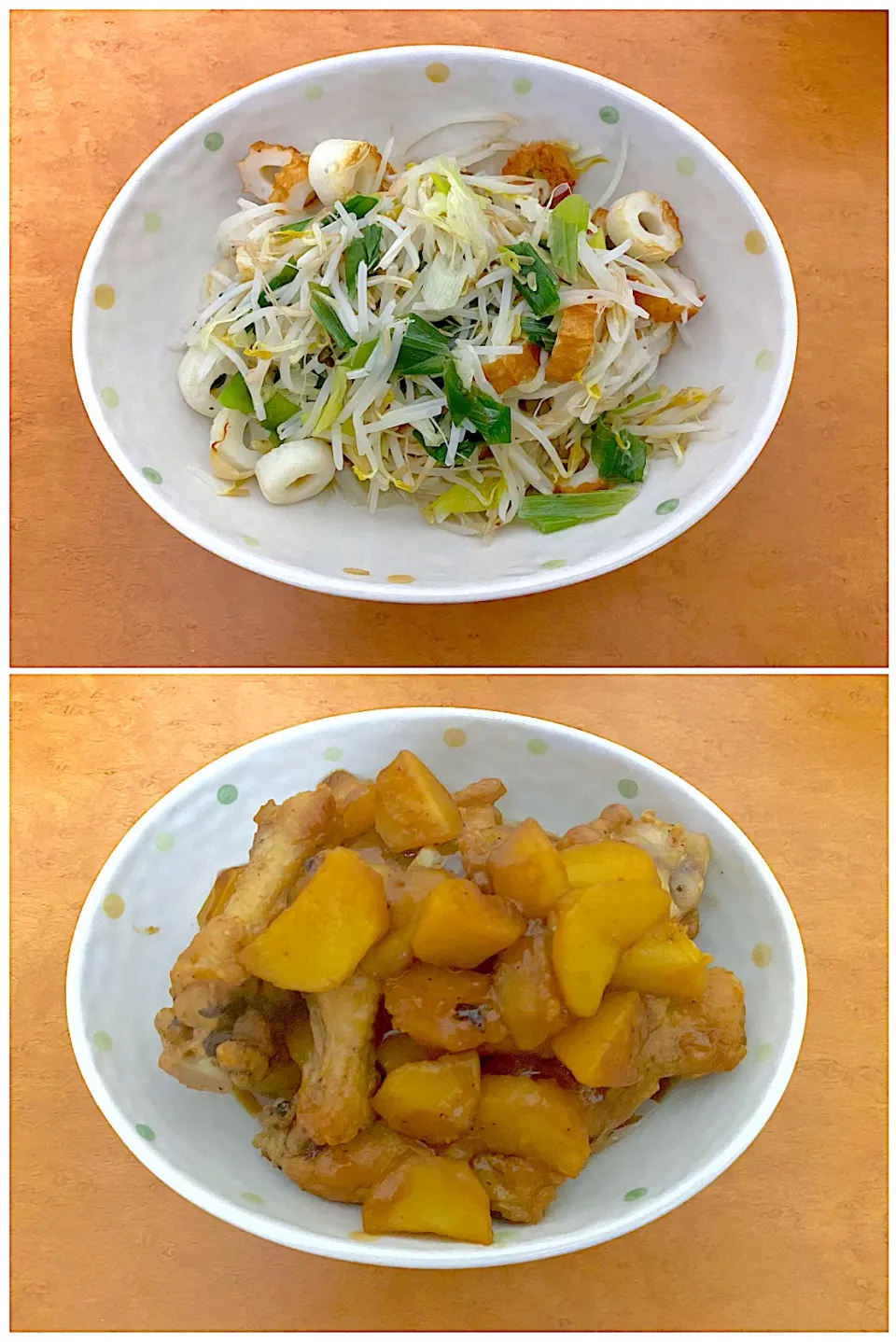 Snapdishの料理写真:Dinner with Indonesian-Chinese-Japanese mix food, itadakimasu (fried moyashi and chicken wings potatoes: tori teba jaga)|MI 「いどりす」さん