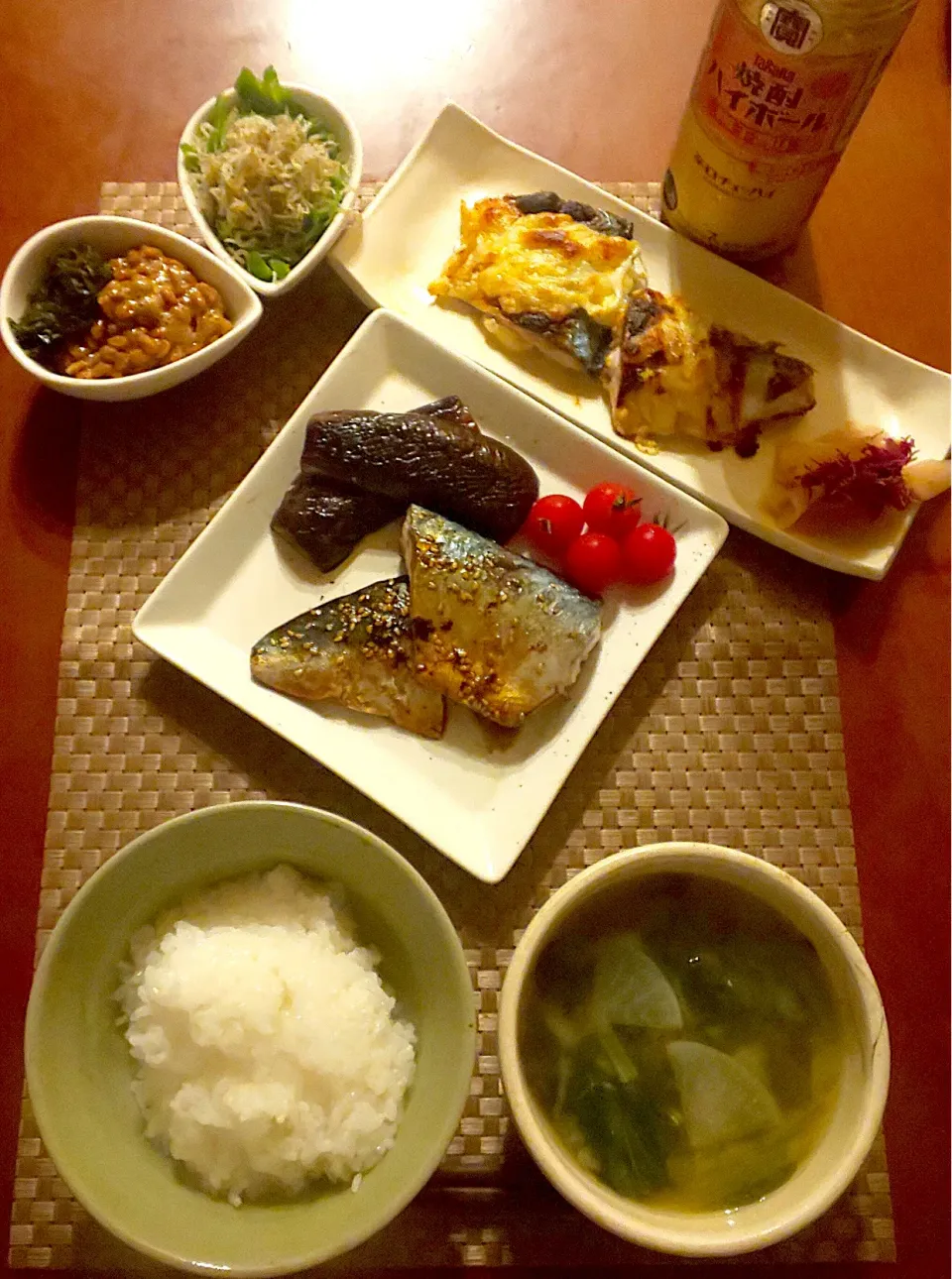 Today's dinner🍴 しらすとﾋﾟｰﾏﾝのかつお節炒め･ぎばさ&納豆･鯖焼き2種<照り焼き&味噌ﾏﾖﾁｰｽﾞ>･新生姜漬け&もってのほか･白飯･小松菜､わか&大根のお味噌汁|🌈Ami🍻さん