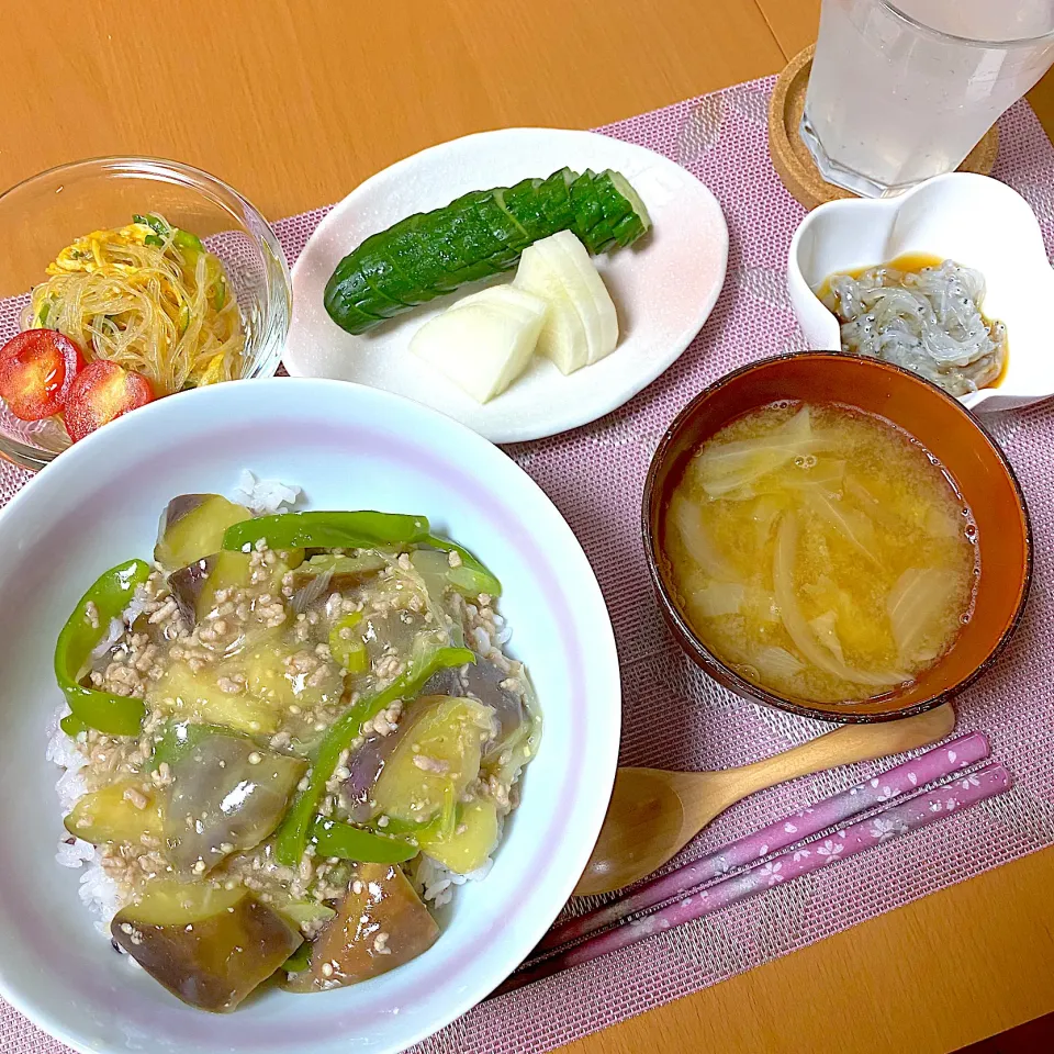 Snapdishの料理写真:麻婆茄子丼と春雨サラダ|かなママさん