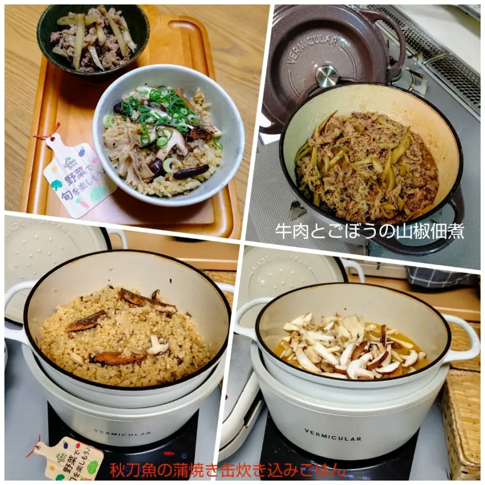 『秋刀魚の蒲焼き缶炊き込みごはんと牛肉とごぼうの山椒佃煮』|seri-chanさん