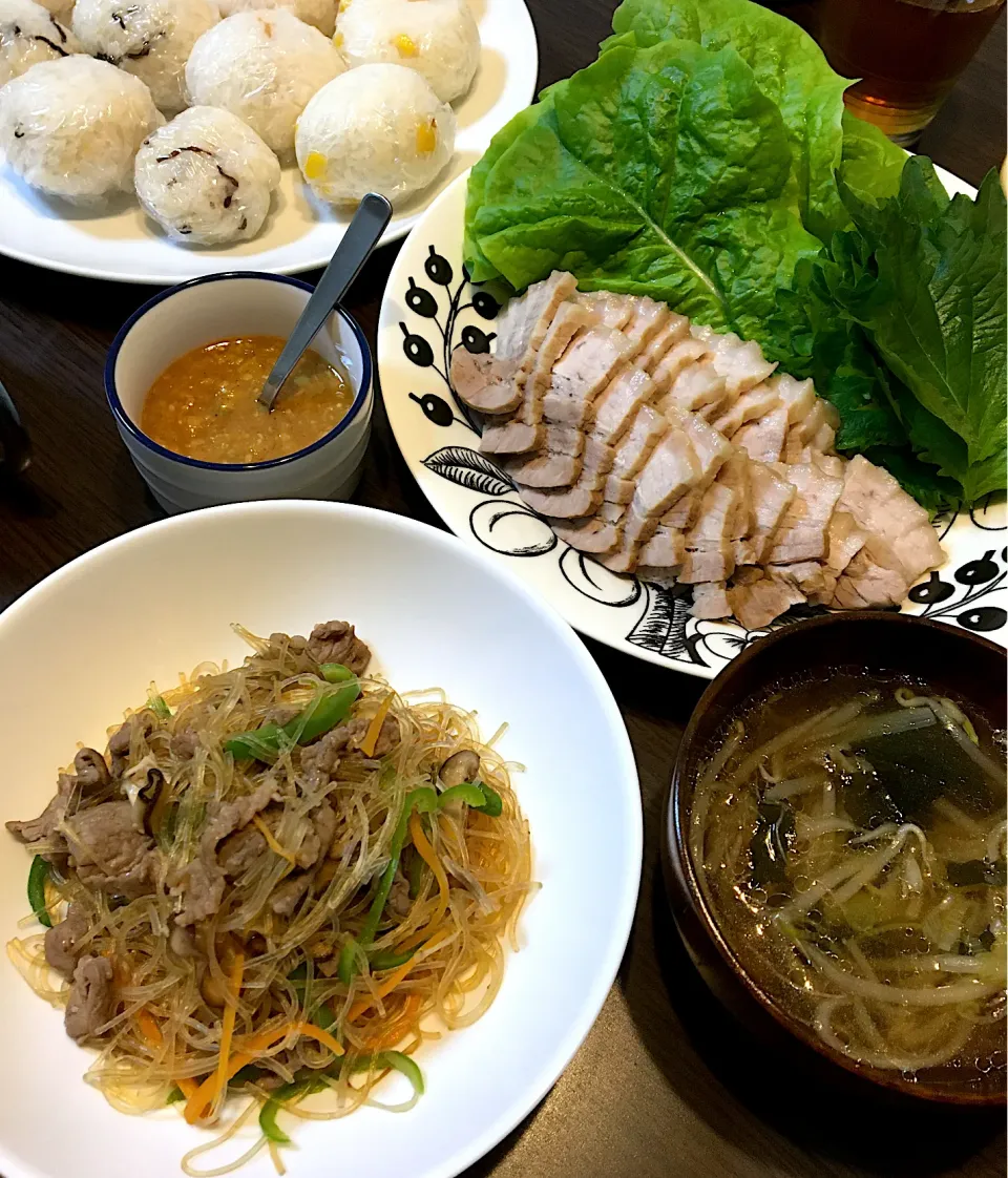 茹で豚とチャプチェの晩ご飯|mikaさん