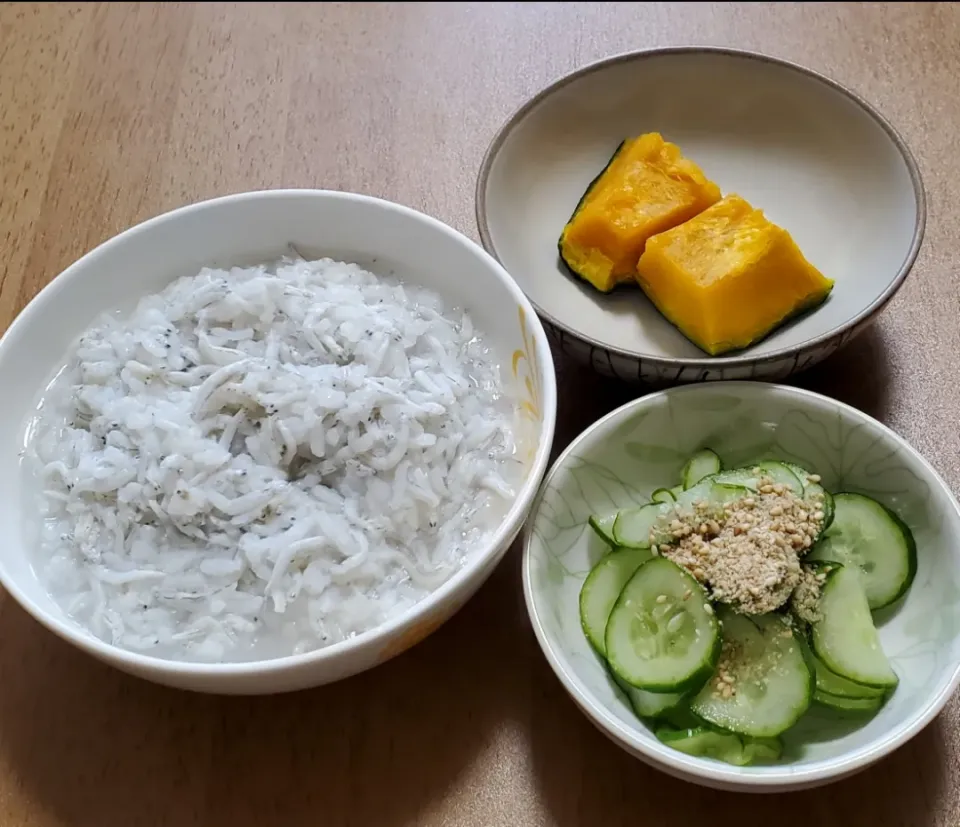 釜揚げしらす粥
かぼちゃ
きゅうりの酢の物|ナナさん