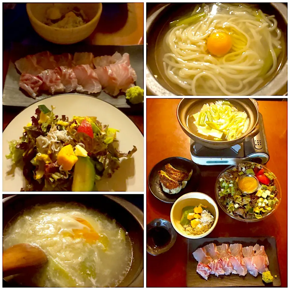 Midnight  meals🌝 ｱﾎﾞｶﾄﾞ,しらす&ﾁｰｽﾞ･お野菜たっぷりｻﾗﾀﾞ･鯛のお刺身&しゃぶしゃぶ･湯豆腐･〆は落とし卵うどん|🌈Ami🍻さん