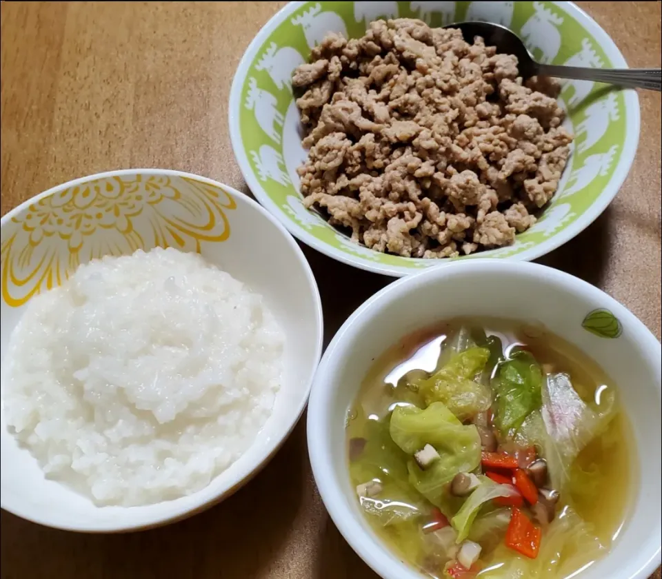 Snapdishの料理写真:そぼろ粥
レタスと赤万願寺としいたけの味噌汁|ナナさん