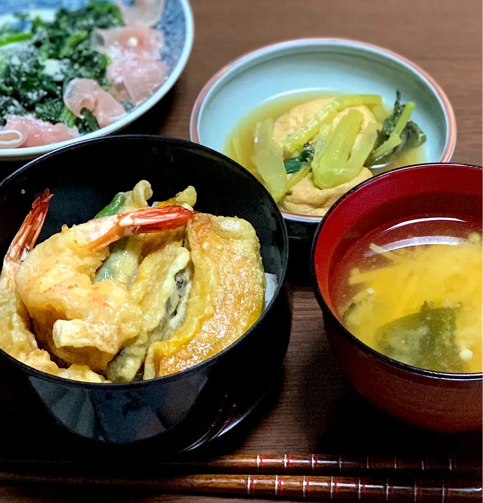 天丼、生ハムとほうれん草、小松菜とがんも、お味噌汁|sakiさん