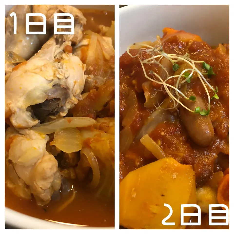 鶏手羽元とキャベツのトマト煮からのアラビアータ風ニョッキ|こぐまさん