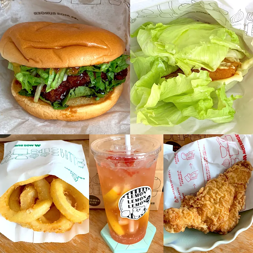 Snapdishの料理写真:マンハッタンクラムチリロースカツバーガー🍔菜摘フィッシュバーガー🍔オニオンフライ🍟モスチキン🍗まるごとレモンジンジャエールwithりんご🍋🥤|るみおんさん