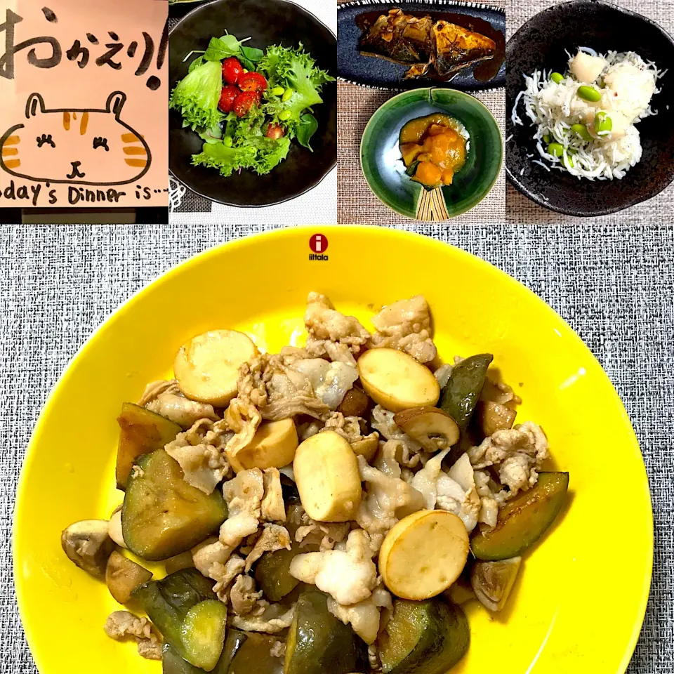 豚肉のナスの味噌炒め、サバの味噌煮とかぼちゃの煮物、シラスとホタテの炊き込みご飯とサラダの宴|なお🅿️さん