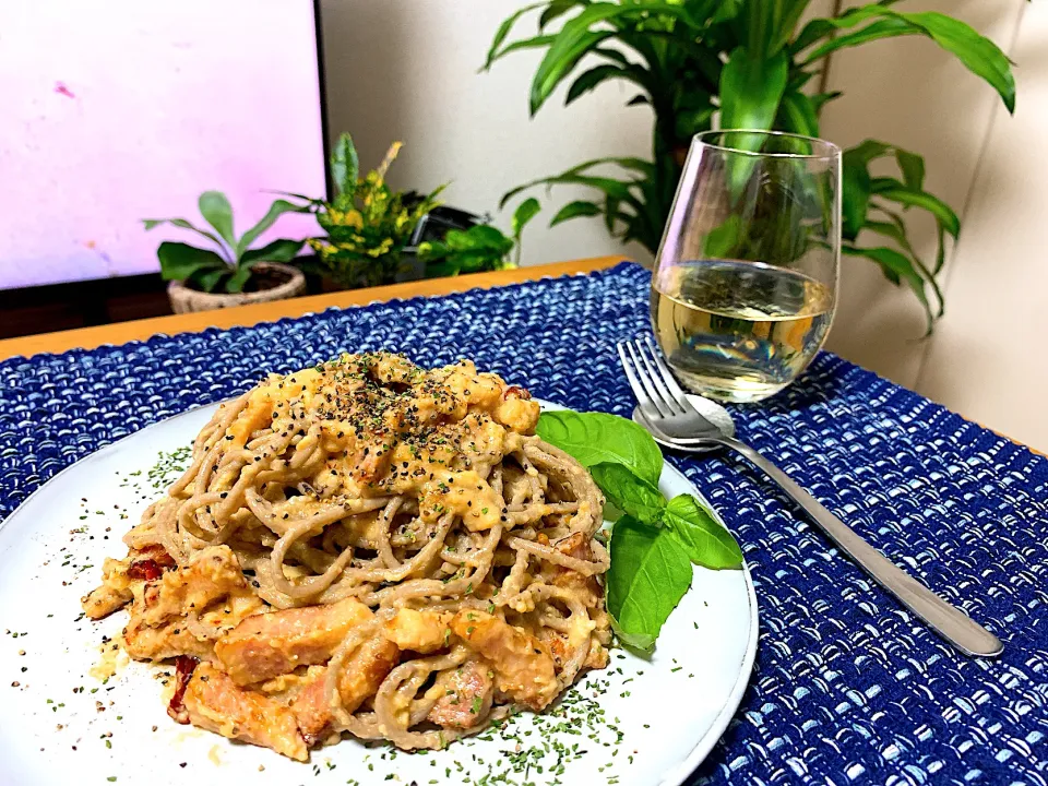 蕎麦パスタで至高のカルボナーラ|蕎麦屋de上機嫌さん