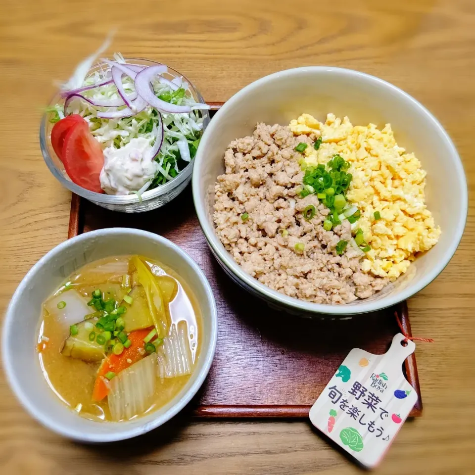 Snapdishの料理写真:『らでぃっしゅぼーや2週目 キャベツ入りサラダ自家製マヨネーズで🎵
さつまいもと甘酒のお味噌汁  そぼろごはん』|seri-chanさん