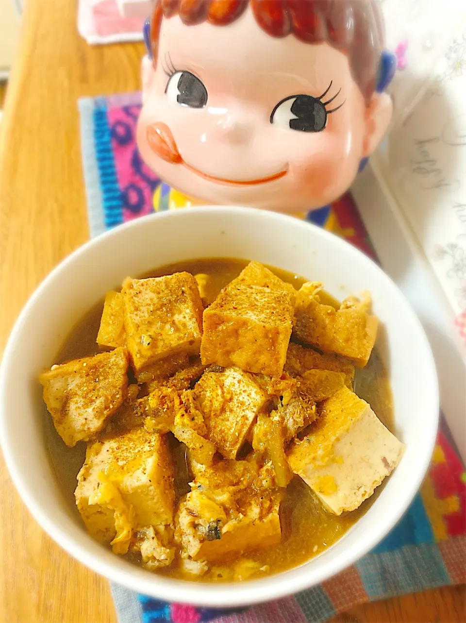 フライパンで煮込むだけ♡鯖水煮缶と厚揚げの味噌醤油卵とじ。|ぽき。さん