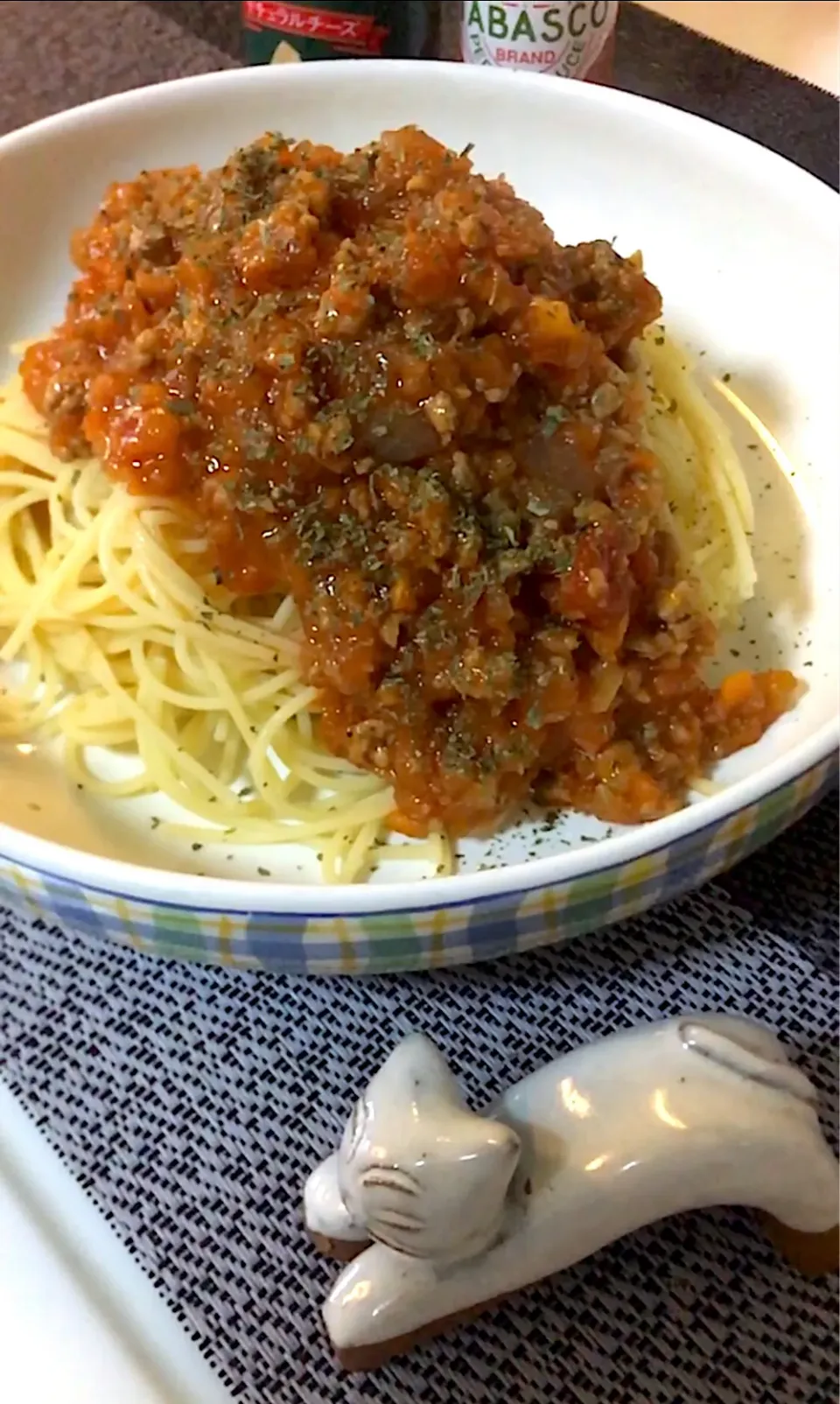 Snapdishの料理写真:山本真希さんの料理 ミートソーススパゲティと菜の花と卵のツナマヨ和え|MOMO-chan☻さん