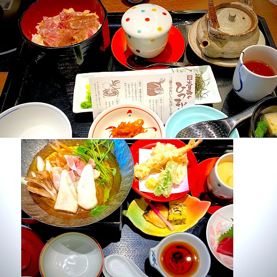 Snapdishの料理写真:木曽路の和牛ひつまぶしときりたんぽ鍋と和食御膳|yakinasuさん