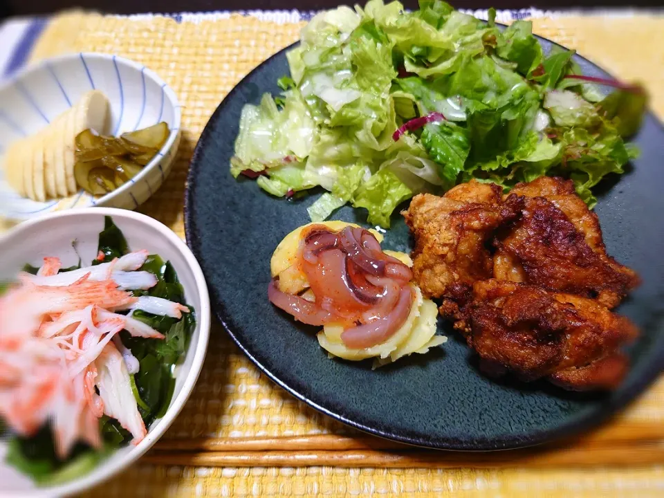 ★ちえこ食堂　其の壱★
🍚柚子胡椒ポン酢唐揚げ
🍚じゃがバタ明太塩辛
（るんるん♪らんらん♪さんのレシピ）
🍚カニカマ酢の物
🍚大根と🥒の糠漬け|☆Chieco☆さん