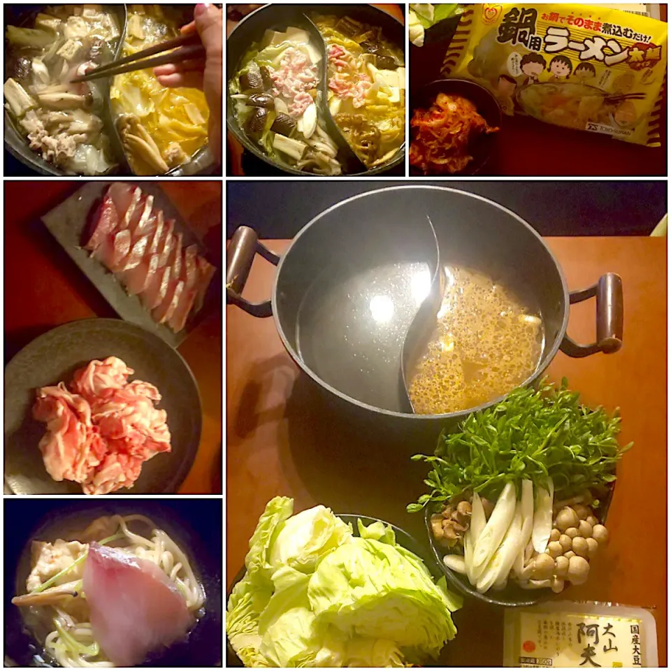 Today's dinner🍴2色鍋<生姜和出汁&ﾋﾟﾘ辛ﾆﾝﾆｸde豚&しゃぶ>･〆は太麺|🌈Ami🍻さん