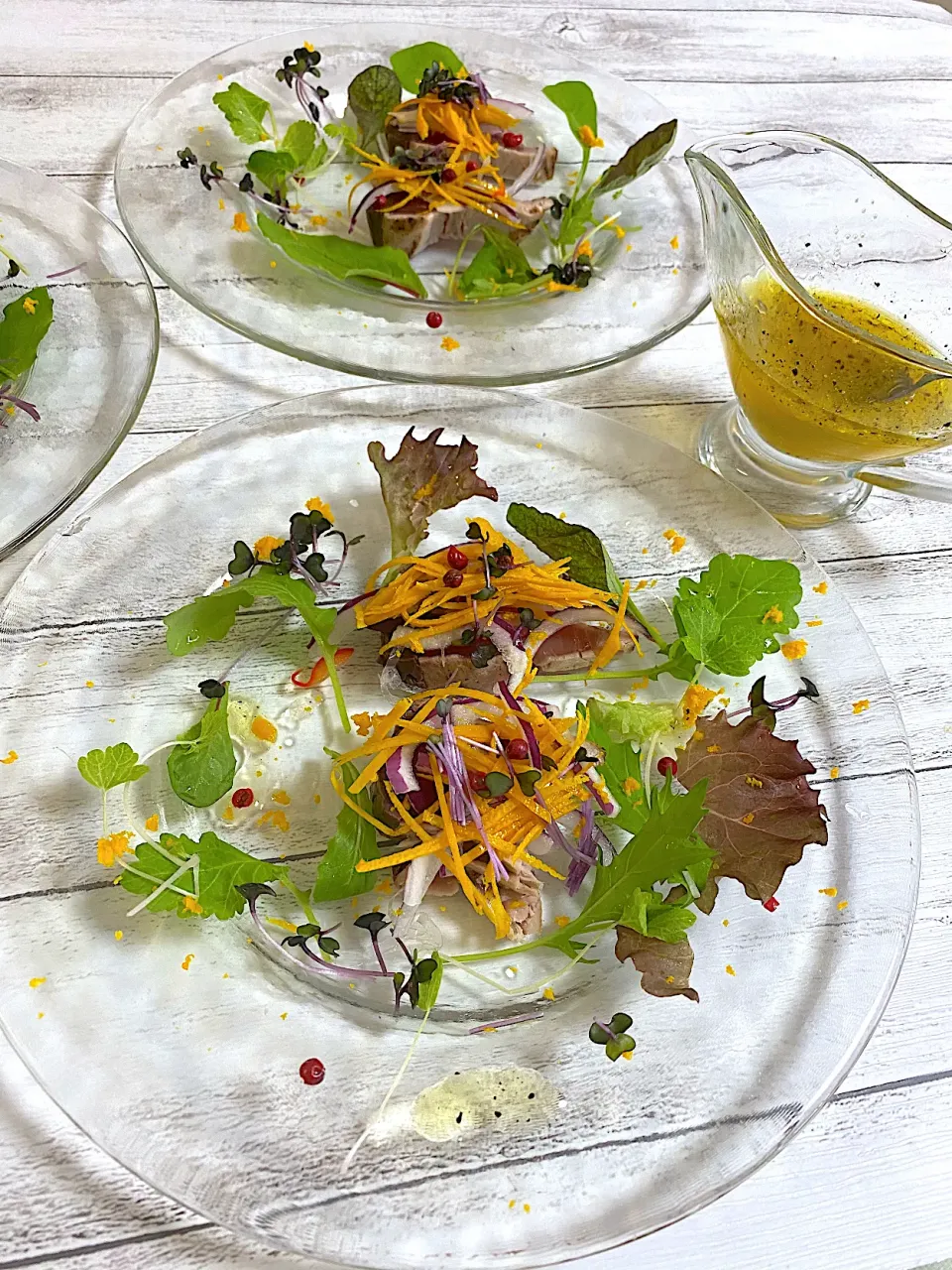 鰹のたたき 赤玉葱とオレンジのサラダ🥗誕生日メニュー④|ぽっちさん