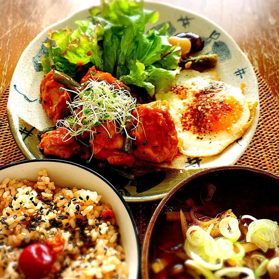 鶏のチリソース定食|プチテンよすさん