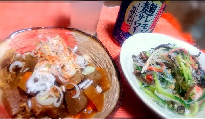 スジ煮込み
 春雨の酢の物

 麹レモンサワー🍋|びせんさん