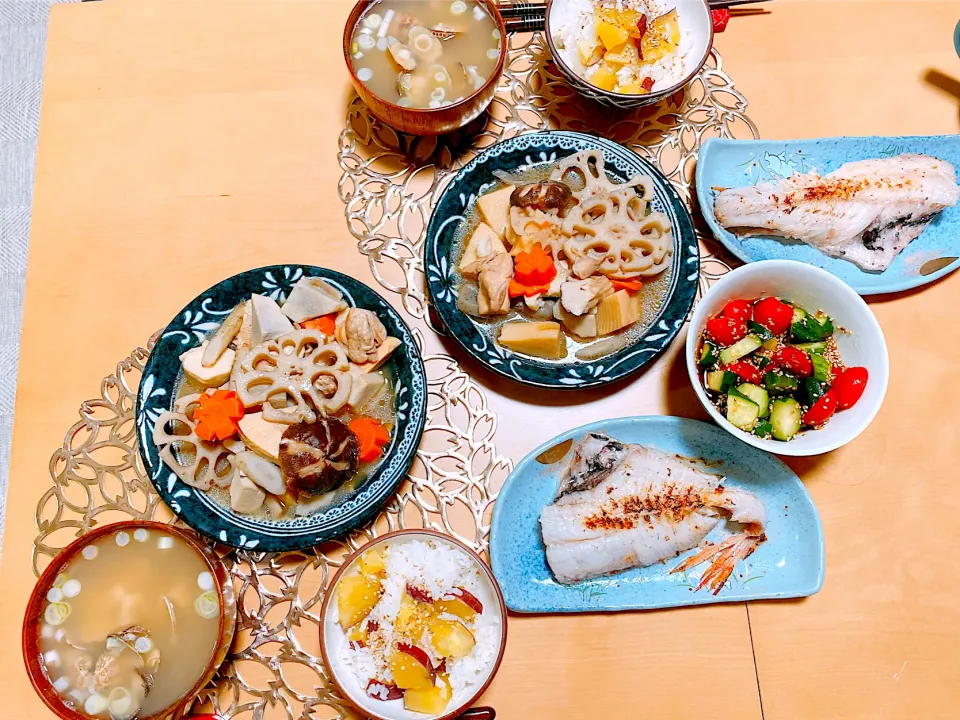 筑前煮.赤魚の粕漬け.さつまいもご飯.あさりのお味噌.きゅうりとトマトの中華和え|まゆさん