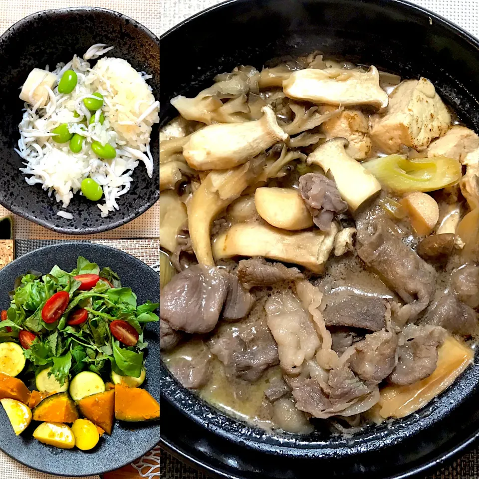 Snapdishの料理写真:神戸牛のすき焼き、帆立と枝豆と釜揚げシラスの炊き込みご飯と温野菜サラダの宴|なお🅿️さん