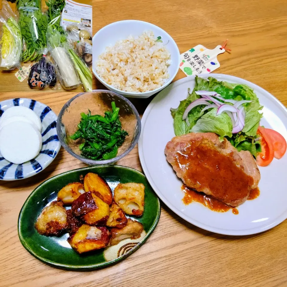 『らでぃっしゅぼーやお野菜でさつまいもと蓮根のデパ地下&春菊ごま和え』|seri-chanさん