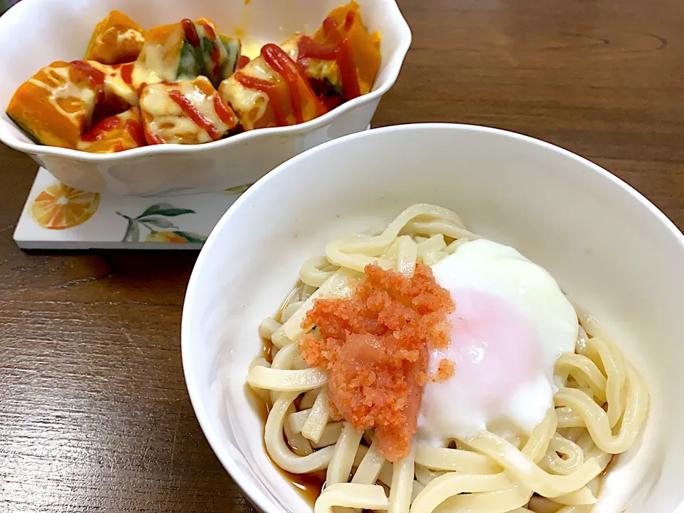 明太釜玉うどん、かぼちゃのチーズ焼き|りかさん