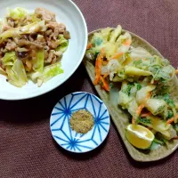 Snapdishの料理写真:餅と旬野菜のかき揚げとキャベツ回鍋肉