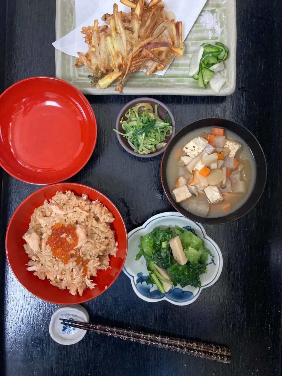 Snapdishの料理写真:はらこ飯と新生姜のかき揚げ|hiroaさん