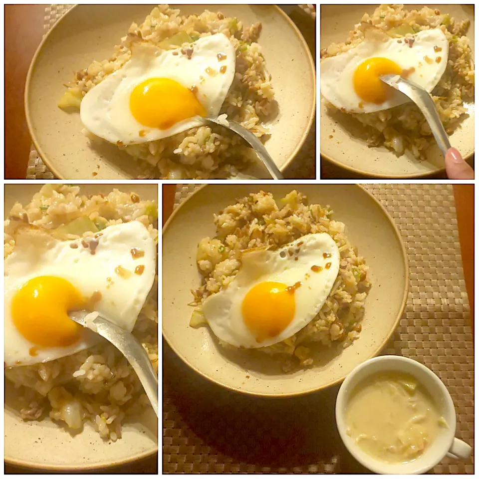 Snapdishの料理写真:Today's dinner🍴お野菜たっぷり納豆炒飯w/目玉焼き･豆乳ｸﾗﾑﾁｬｳﾀﾞｰ for  daughter|🌈Ami🍻さん