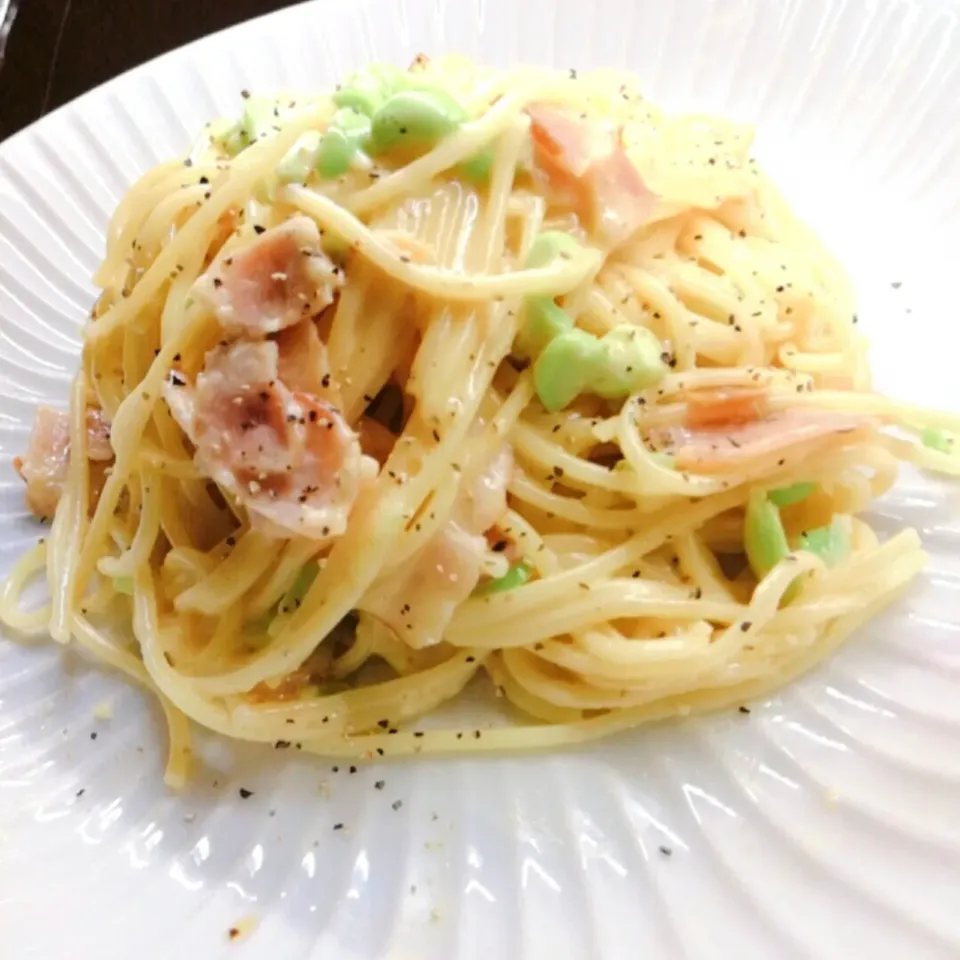 Snapdishの料理写真:Today's lunch👍丹波篠山の黒枝豆のカルボナーラ😋|ペンギンさん