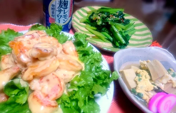 えびマヨ🦐
  高野豆腐卵とじ
  小松菜のにんにく炒め🌱|びせんさん