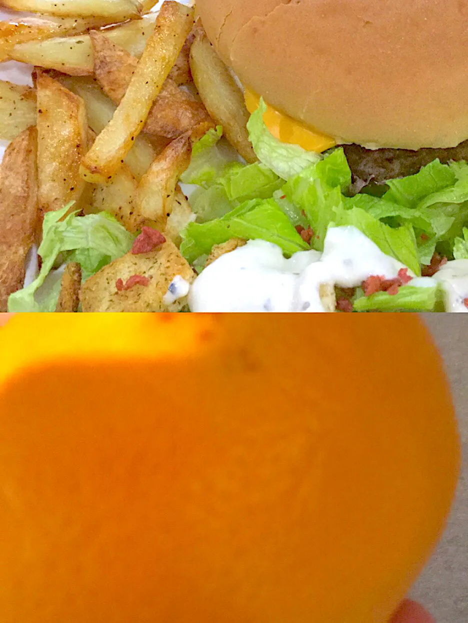 Homemade burgers and fries with a salad and a orange|ninja kittyさん