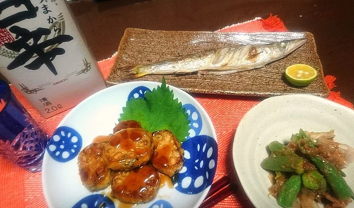 鶏つくねレンコン挟み🐔
  丸オクラ 梅和え
  カマス塩焼き🐟|びせんさん