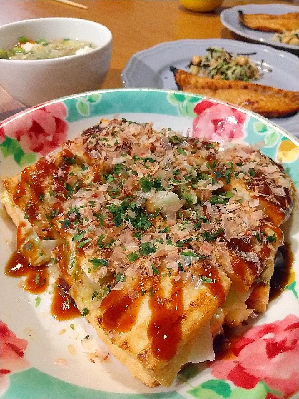 Snapdishの料理写真:まりおさんの料理 お好み焼き風厚揚げ|まきごろうさん