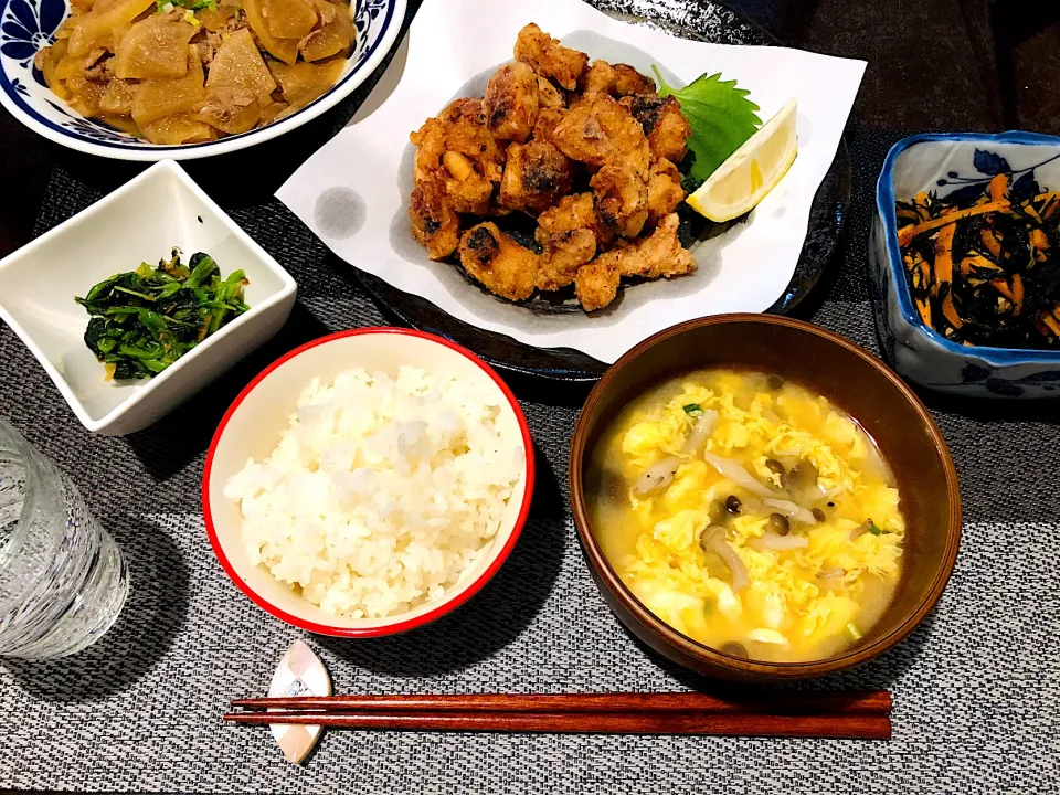 蛸の唐揚げ！大根とツナ缶のしみしみ煮！ひじきの煮物！ほうれん草のおひたし！|asaminnさん