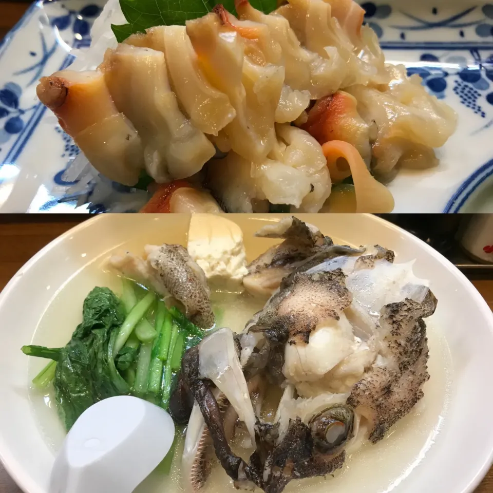 つぶ貝の刺身と魚の頭のマース煮@大安丸久茂地店|KOMAさん