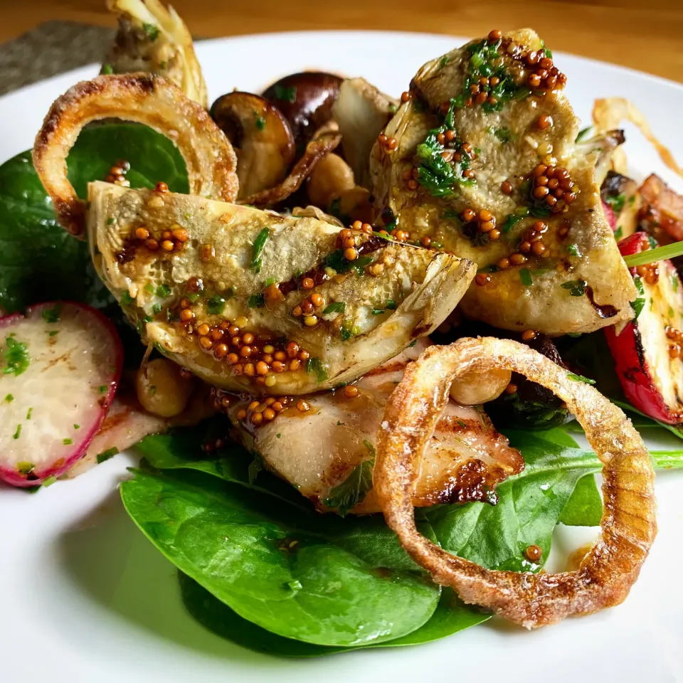 Grilled Artichoke Hearts with Honey, Whole Grain Mustard & Balsamic Dressing (アーティチョークハートのグリル、ハニー粒マスタード&バルサミコ酢のドレッシング)|Masa, The Cooking Husbandさん