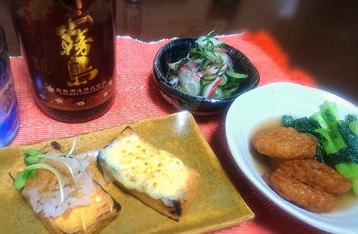 厚揚げ(大根おろし・チーズ)
 はも天ぷらと小松菜炊いたん🌱
 きゅうり酢の物|びせんさん