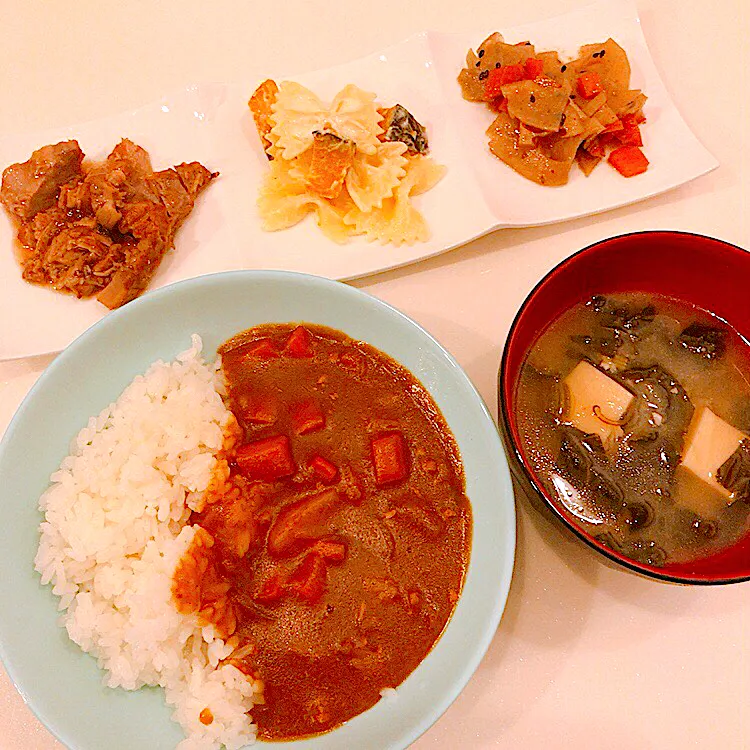 Snapdishの料理写真:煮豚、マカロニマヨサラダ、きんぴらレンコン、カレーライス、味噌汁|nikotan.syさん