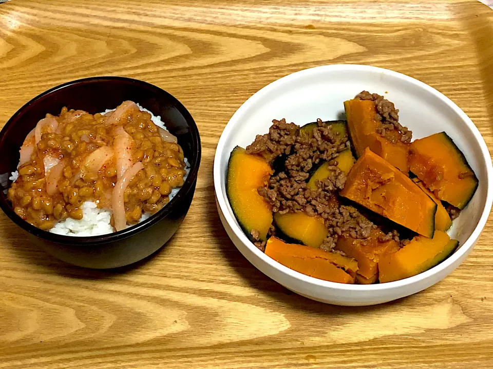 ☆かぼちゃの煮物　☆いか明太納豆ご飯|まぁたんさん