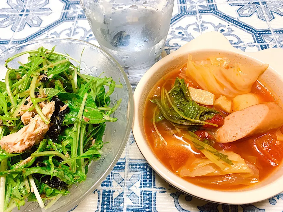 トマト煮と水菜サバ缶サラダ🥗|くろねこっく🐈‍⬛さん