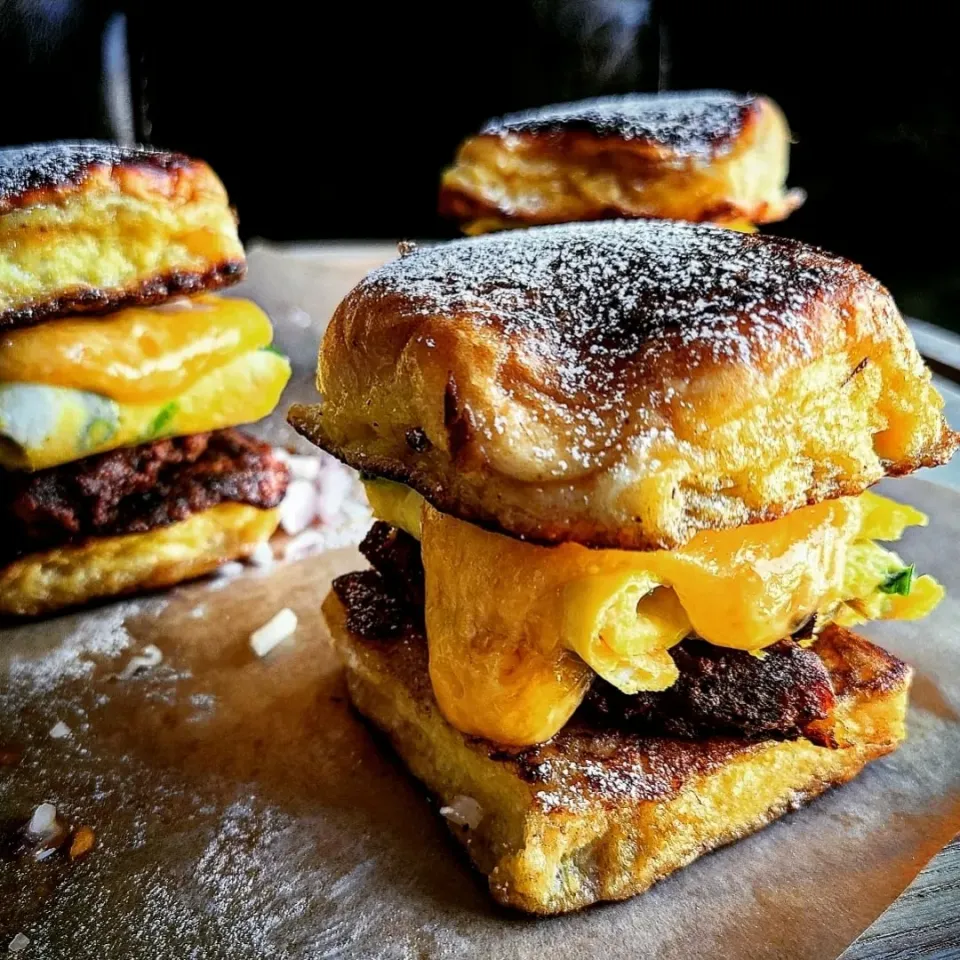 French Toast Sliders with bacon, chived egg, and melty cheese|Jbunny Caféさん