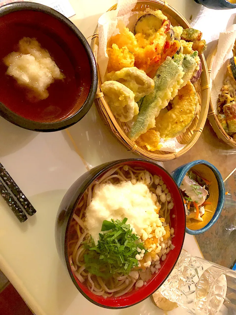 野菜たっぷり天ぷら　あったかお蕎麦　シメサバのお酢もの定食|maaaさん