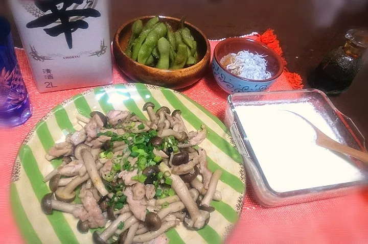 鶏せせり🐔 しめじのゆず胡椒炒め
 自家製豆腐
 シラス大根おろし|びせんさん