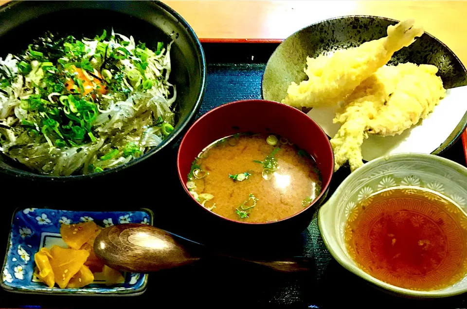 Snapdishの料理写真:生しらす・釜揚げしらす丼& 鱚と鰯天ぷら|mottomoさん