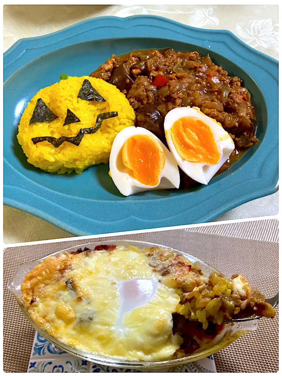 カレー祭り🍻🏮ハロウィン🎃👻っぽいキーマカレー🍛と、焼きドライチーズカレー🍛|ぽっちさん